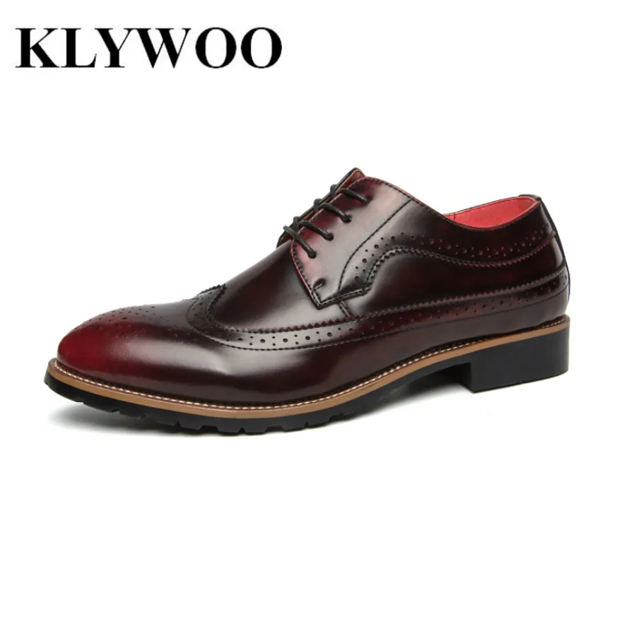

KLYWOO Brogue Men Dress Shoes Leather Men Shoes Oxfords Formal Spring High Quality Leather Shoes Business Dress Men Shoes Red