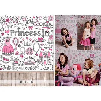 

Pretty Princess Background for Photo Studio Printed Drawings Pink Dress Baby Girls Birthday Photography Backdrops Wood Floor