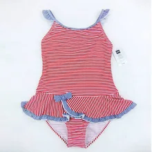 2016 Kids One Piece Swimsuit Girls Swim Suit Children Swimwear Pink Stripes POLYAMID Braces Maillot With Skirt Briefs Bottom