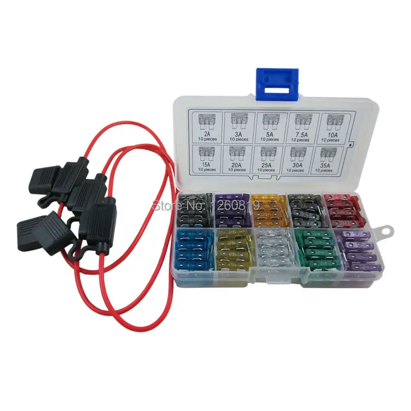 100pcs Auto Standard Blade Fuse ATC Car Fuse + Inline 16 AWG Gauge Holder for Car Boat Truck
