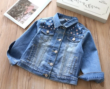 Новое поступление, Весенняя Модная Джинсовая куртка для маленьких девочек детская джинсовая курточка для улицы с цветочной вышивкой детская хлопковая куртка - Цвет: Синий