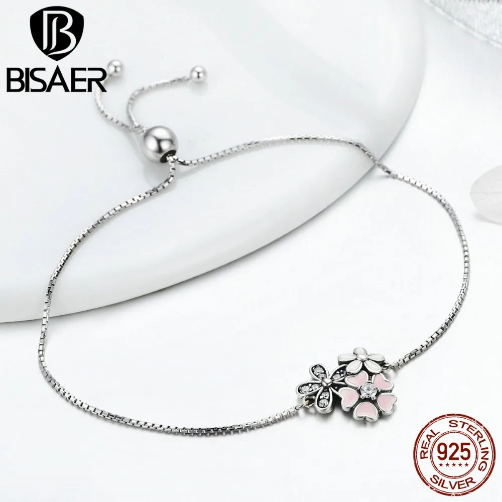 Горячая Распродажа подлинный Серебро 925 пробы розовый Маргаритка и цветущая вишня браслет-цепочка для женщин ювелирные изделия подарок на день Святого Валентина