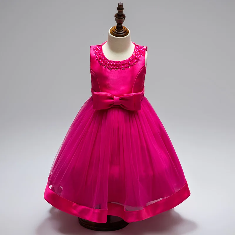 

New Fashion Solid Beading Girls Wedding Dresses With Bow Sash Mesh Kids Wedding Trailing Dress Sleeveless Summer Child Clothing
