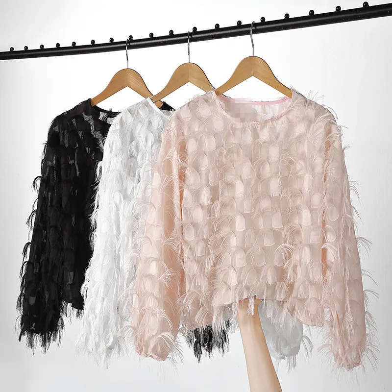 

Tassels Women Tops 2019 Spring New Korean Round Neck Lantern Sleeves Shirts Fairy Sweet White Chiffon Blouse Pink Fashion Blusas