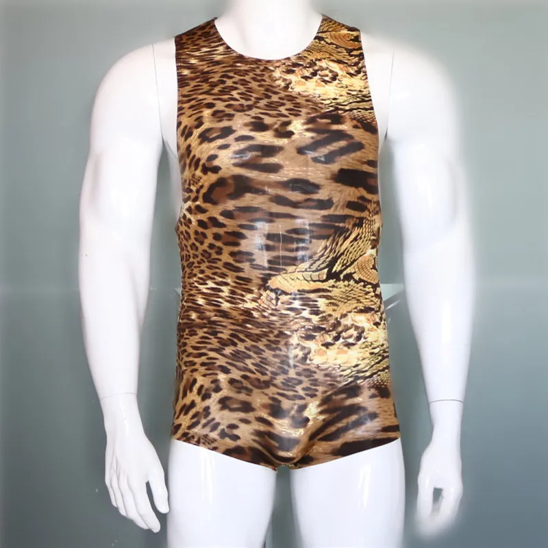 

LinvMe Men Sexy Leopard Sleeveless Top O Neck Mesh One Piece Bodysuit