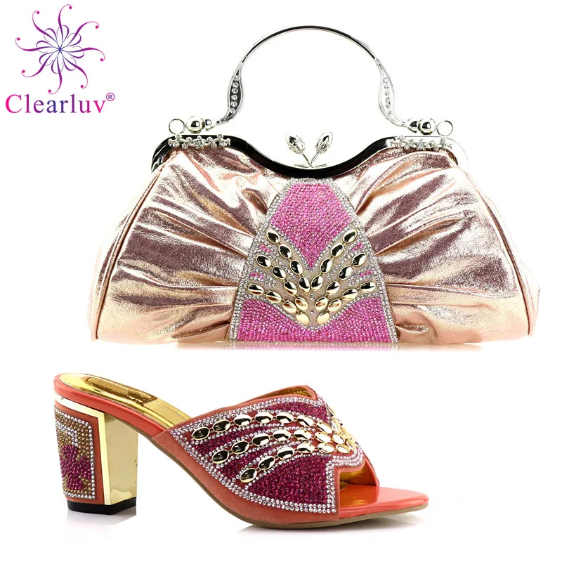 

2018 Italian Matching Shoes and Bag Set Pink Color Italian Ladies Shoe and Bag Set Decorated with Rhinestone African Party Shoes
