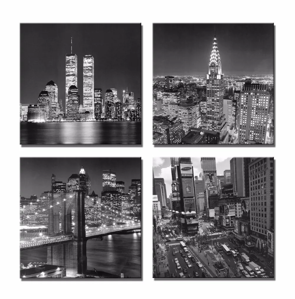 

Canvas Wall Art Picture HD Print Poster 4 Piece Black White Brooklyn Bridge City Night Scene Painting Home Decor No Fram