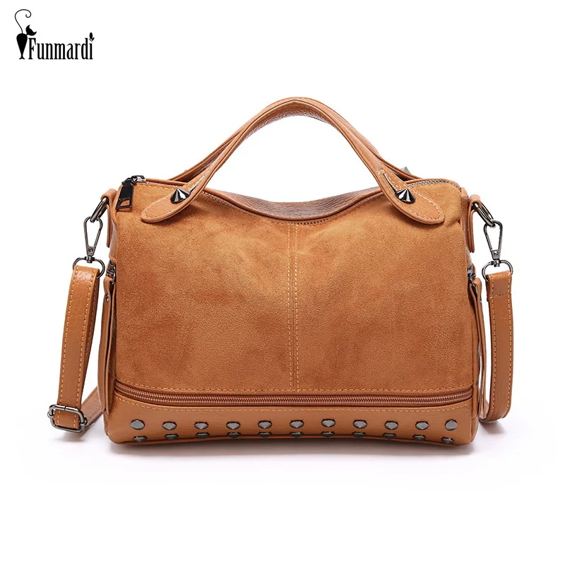 

FUNMARDI Rivet Suede Boston Bag Vintage Scrub Leather Crossbody Bags Female Shoulder Bags Brand Design Women Bags WLHB1836