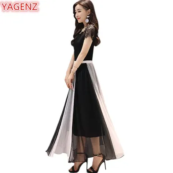 

YAGENZ Fashion Long Chiffon Dress Female 2018 Summer Dresses Womens Slim Lace Dress Temperament Was Thin large swing Dress 1001