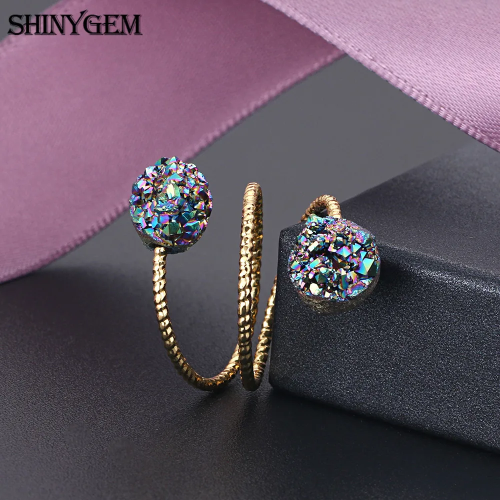 5Pcs Trendy Natural Double Stone Crystal Jewelry 24k Gold Plating Wire Wrapped Sparkly AB Titanium Druzy Ring For Women