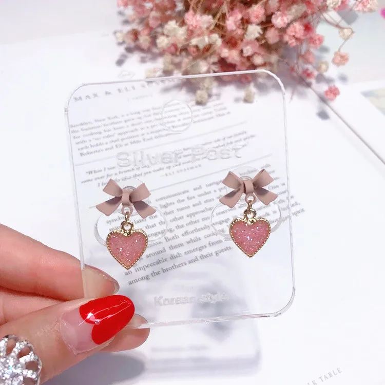bow heart pink stone sweet earring Hypoallergenic fadeless alloy fashion jewelry stud earrings for women girl Christmas gift