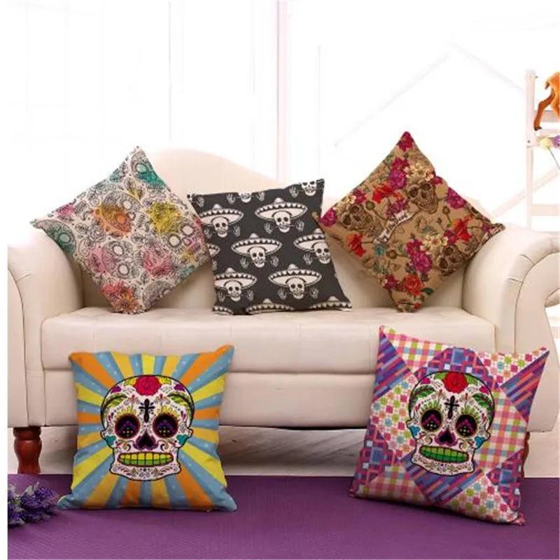 

Sugar Skull Cushion Cover Coffee House Punk Skull Art Linen Blend Pillowcase Home Decorative Throw Cushion Pillow Case