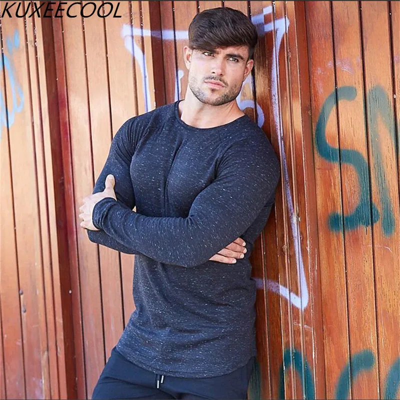 

2018 Mens long sleeved t shirt cotton Slim gyms Fitness Bodybuilding workout Crossfit clothing male Casual fashion tee top