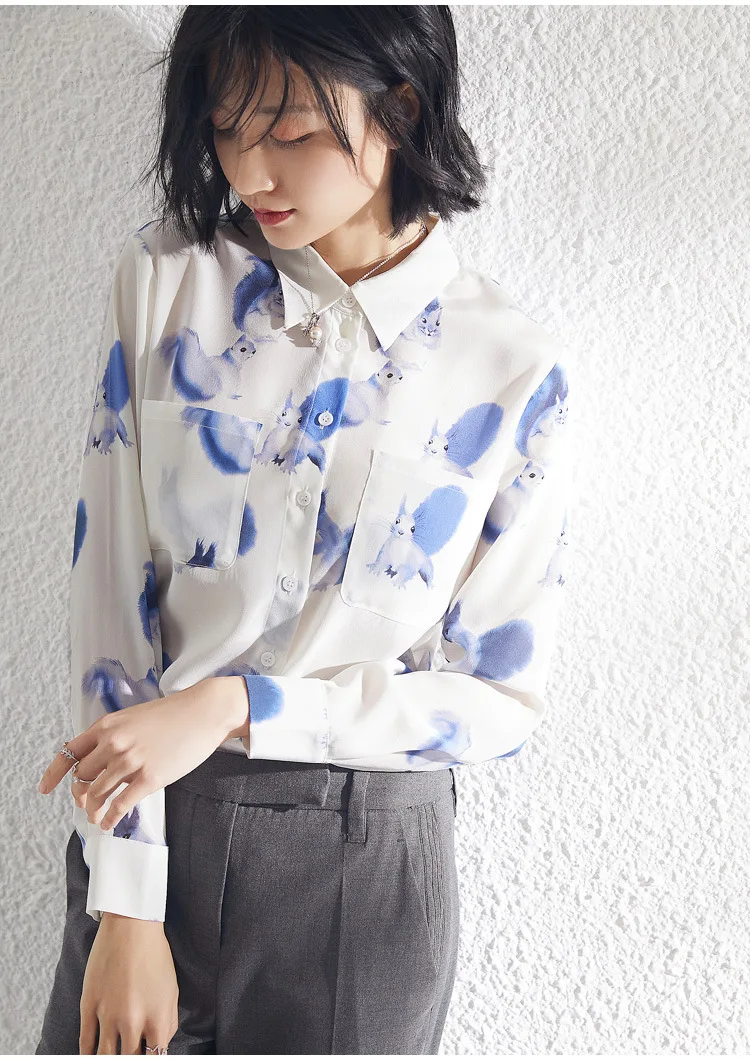 

PIXY Blue Squirrel Print Silk Blouses Women Long Sleeve Shirt Mori Girl Casual Office Ladies Tops Summer Mulberry Silk za blusa
