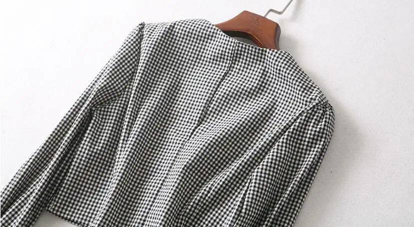 Ретро клетчатая рубашка с квадратным v-образным вырезом, сексуальная, Женская однобортная тонкая короткая блуза с пуговицами, длинный рукав, открытый пупок, топы