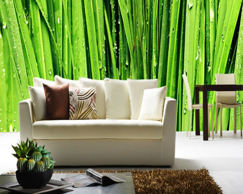 3D現代壁紙、ワイドグリーン草クローズアップ、自然景観壁画リビング