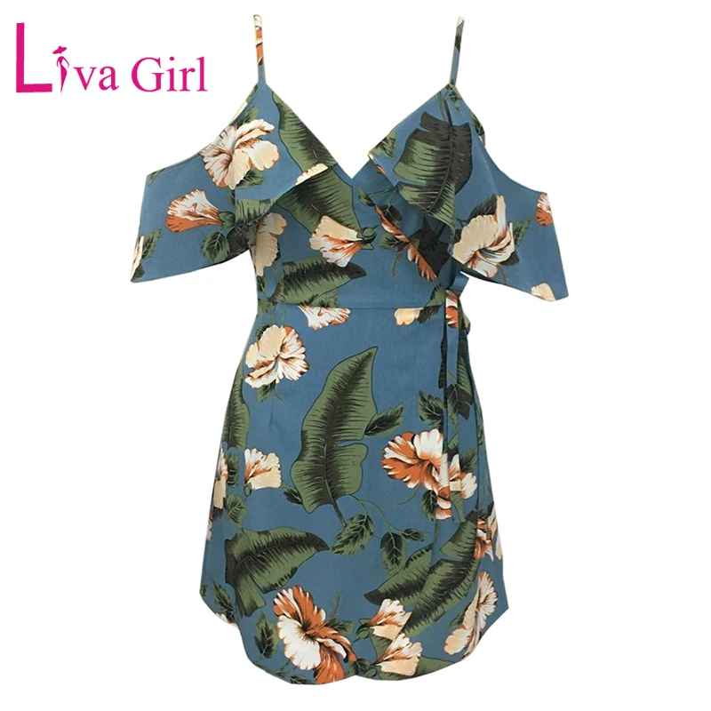 

LIVA GIRL 2019 Bohemian Summer Floral Print Mini Dress Woman Sexy Spaghetti Strap V Neck Bandage Dresses Loose Boho Beach Dress