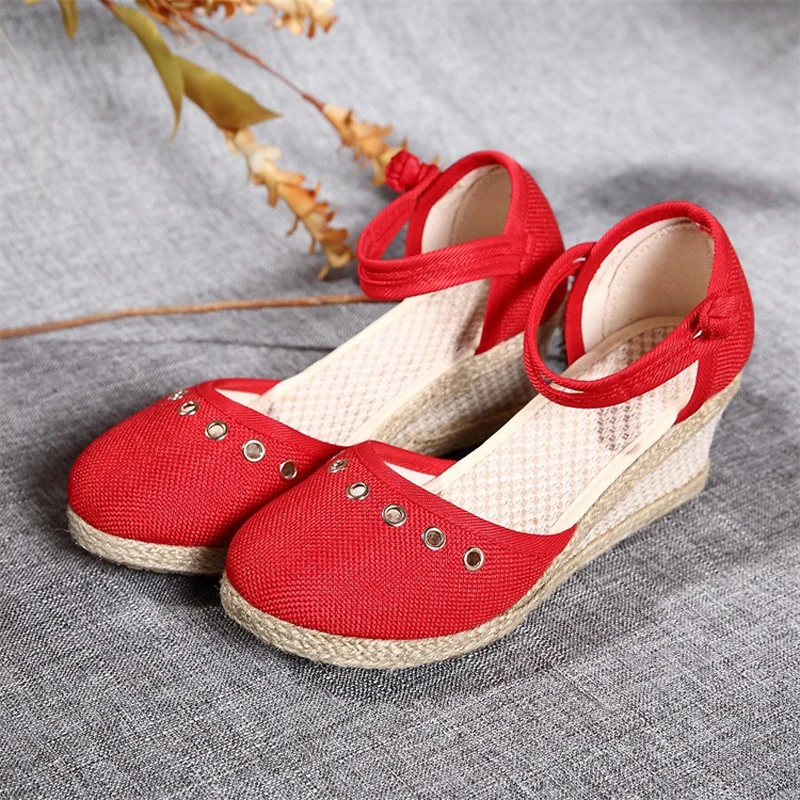 Women Sandals Casual Linen Canvas Wedge Espadrilles Sandals Summer Vintage Embroidered Ankle Strap Med Heel Platform Pump Shoes (6)