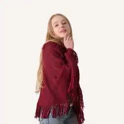Женские шарфы 2018 зимние красные пончо и накидки с кисточками теплый шарф вязанные винтажные шали отложной воротник вязаный пончо женский