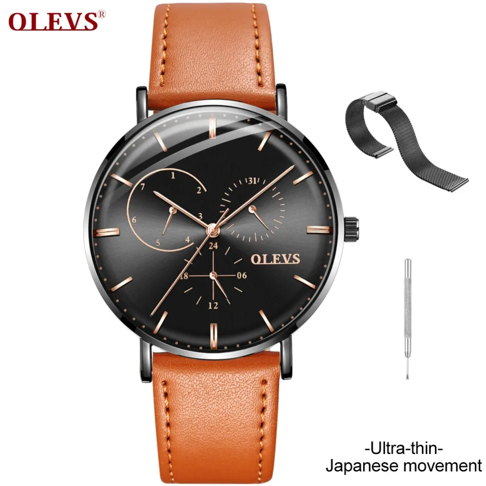 Мужские часы OLEVS Relogio Masculino брендовые Роскошные ультратонкие наручные с кожаным