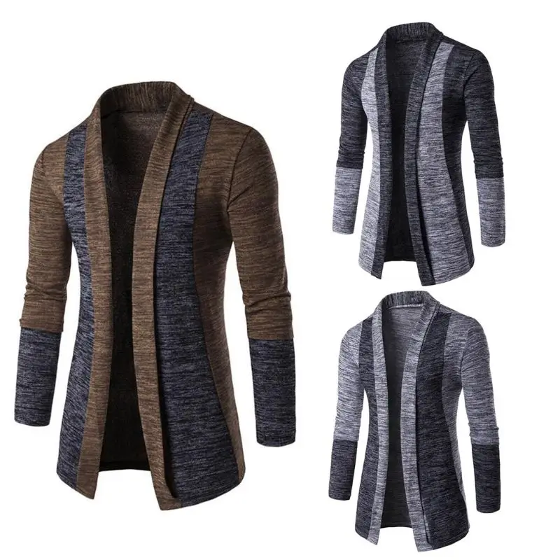 

Mens Plus Size Winter Long Sleeve Slim Open Front Sweater Color Block Patchwork Jacquard Casual Office Knitwear Jacket