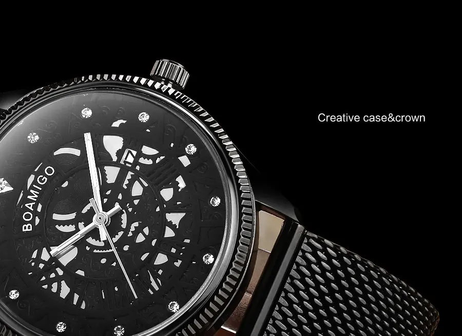 BOAMIGO Brand Mesh Steel Band Watches Mens Black Quartz Watch Fashion Skeleton Male Simple Wristwatch Auto Date Waterproof Clock (18)