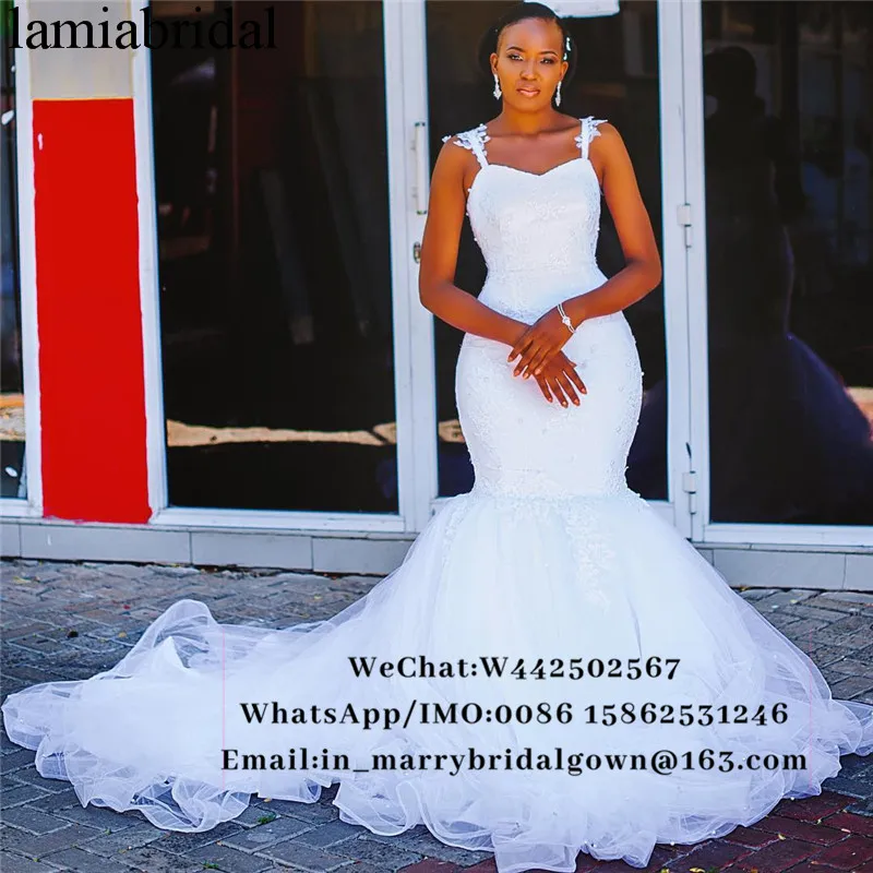 

Sexy Plus Size Mermaid Wedding Dresses 2019 Spaghetti Straps Lace Appliques White Tulle African Arabic Vestido De Novia