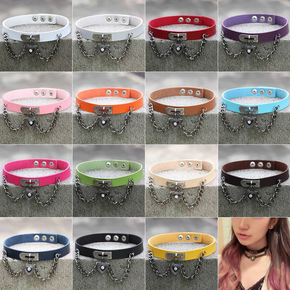 

Punk Style Cool Choker Jewelry Bracelet Heart Pendant Chain Faux Leather Strap Belt Adjustable Ethnic Popular 15 Colors Gifts