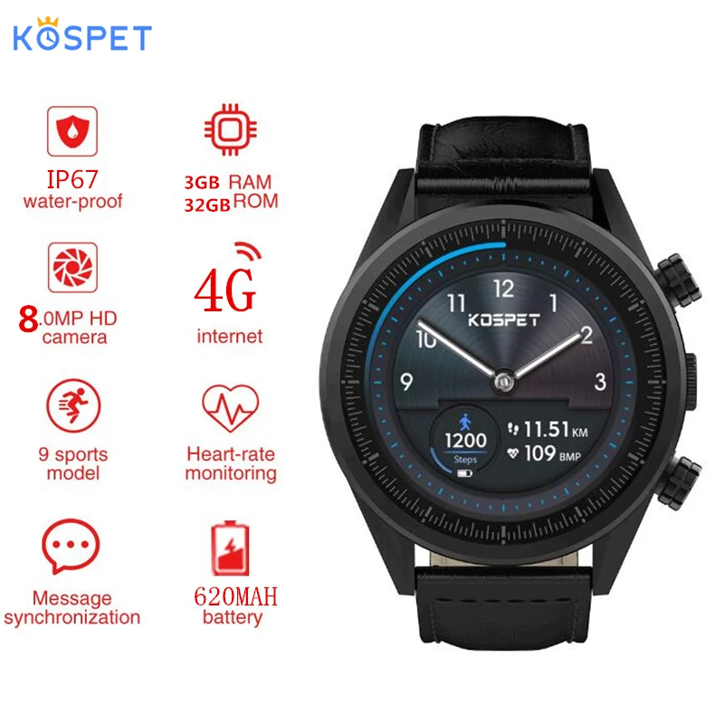 KOSPET HOPE Smart Watch Android 7.1 LTE 4g Sim WIFI 1.39 inch 8MP Camera GPS Heart Rate IP67 Waterproof smartwatch for Men Women