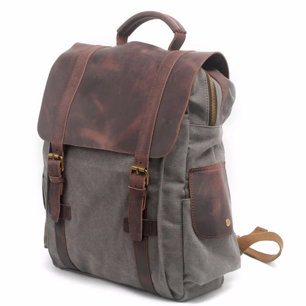 Vintage Military Canvas Backpack for Men Women Crazy Horse Leather Rucksack Large School Backpack Man Shoulder Bag Satchel