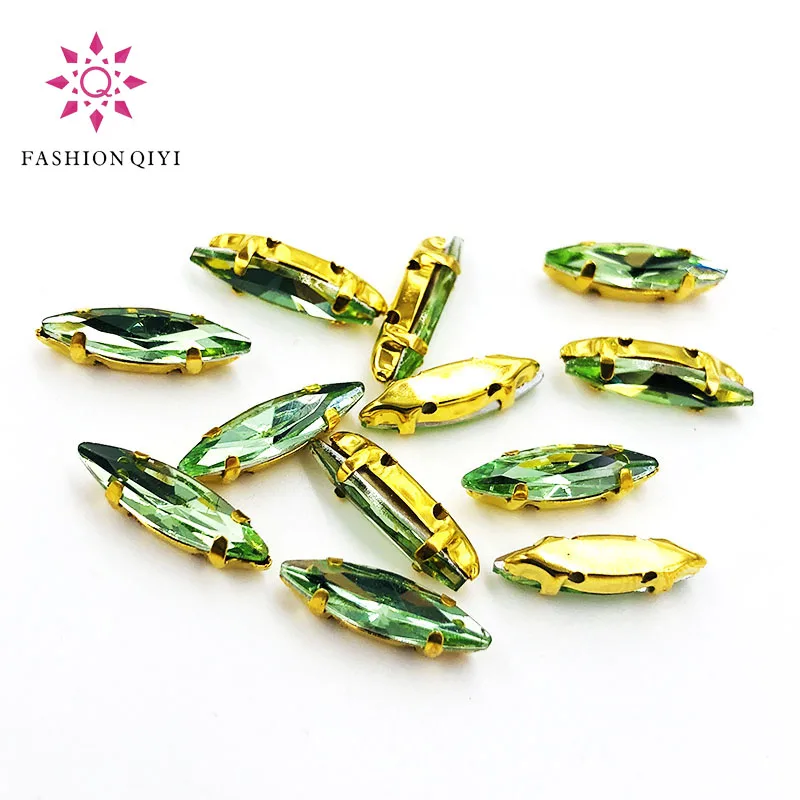 4x15mm Light green Horse eye shape 50pcs/pack Glass Crystal Gold bottom sew on claw rhinestones with hole diy Sewing On Garment