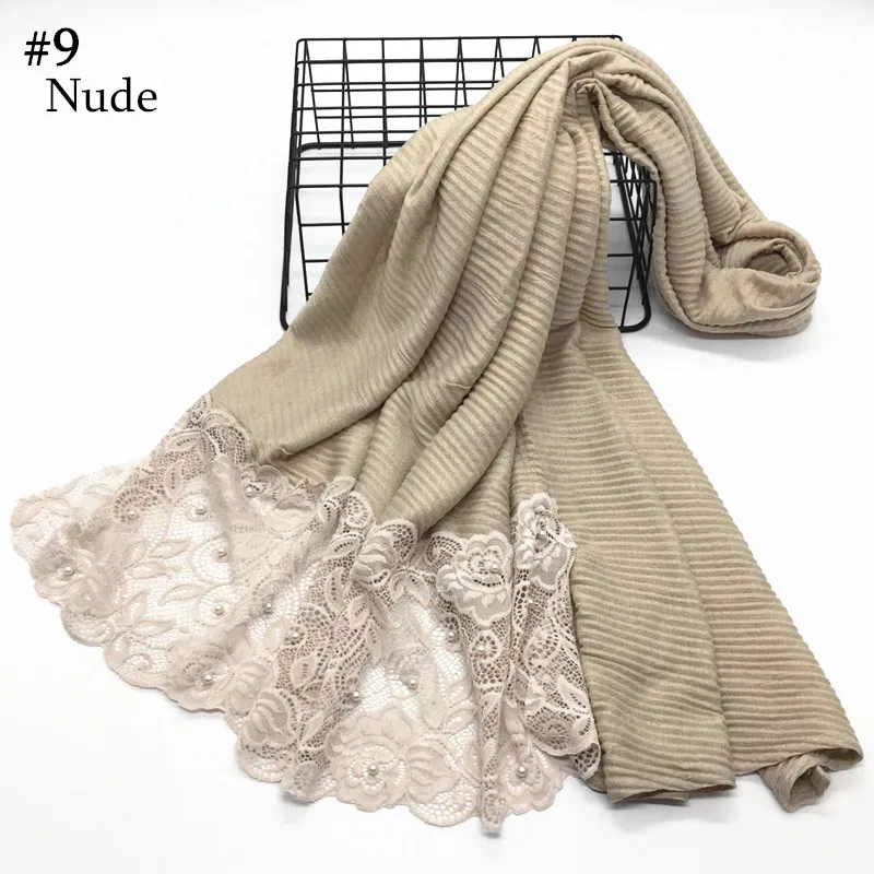 

New design luxury floral lace edges crinkled solid shawl viscose muslim women scarf hijabs fashion beads pearls scarf 5pcs/lot