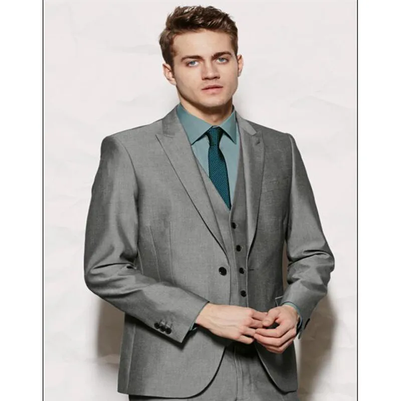 194 Gray Groom Tuxedos One button Best Man Party Mens Suits Silver Dinner mens Suits Groomsmen Suits Boy's Suits 3 Peices