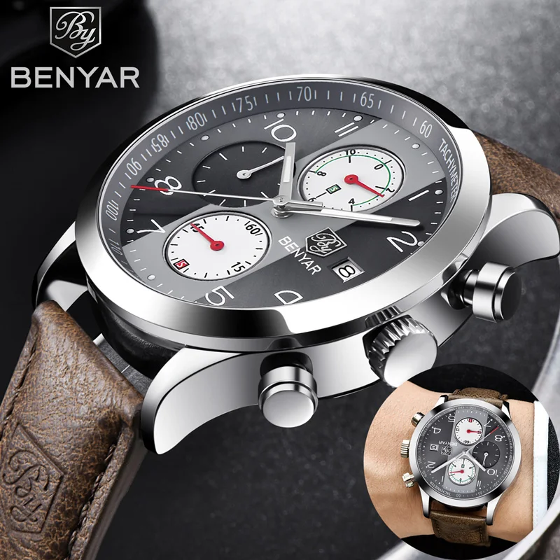 

BENYAR Men Watch Chronograph Waterproof Sport Genuine Leather Mens Wrist Watches Top Brand Luxury Military Army Man Clock 5133