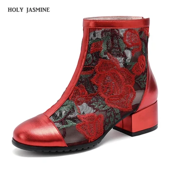 

2019 Summer Ankle Boots for Women Handmade Luxury Designer High Heels Perforated Embroider Net Boots Woman Mesh Booties Shoes