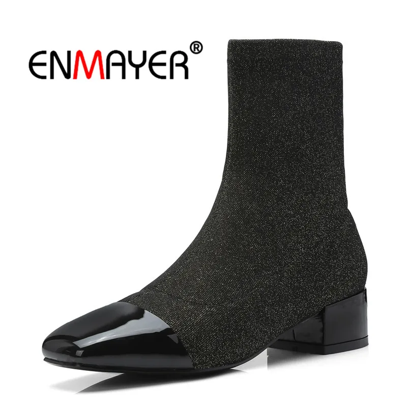 

ENMAYER Women Ankle boots Leather boots Winter Women shoes Square Toe Thick heels Shot Plush Fashion boots Size 34-39 CR1151