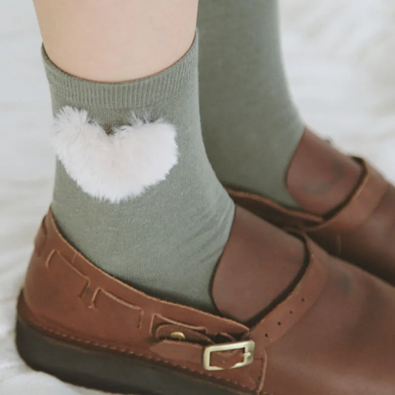 

Japan style solid winter socks women rabbit fur heart shape sox woman kawaii cotton socks calcetines mujer chaussettes femme