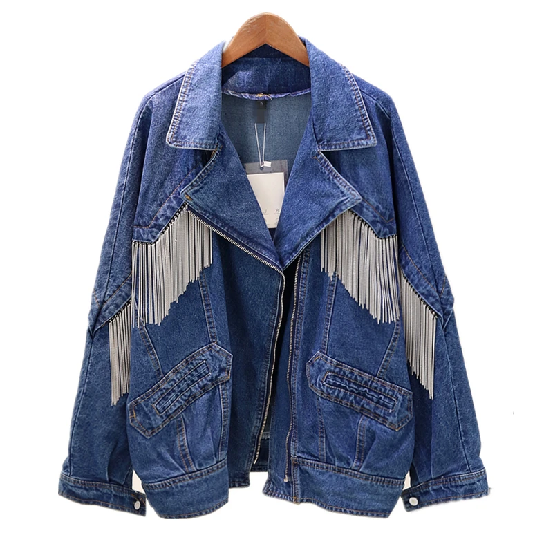 

[EWQ] 2019 Spring Women Lapel Collar Long Sleeve Zipper Pockets Tassel Coat Cowboy Loose Splice Female Jacket OE078