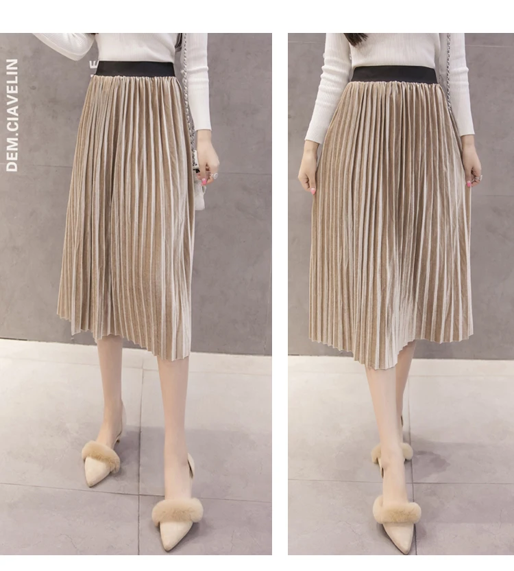 pleated midi skirt New 2019 Autumn Winter Elastic High Waist Skirt Solid Casual Pleated Skirts Womens Striped Jupe Femme Velvet Saias Midi Skirt cute skirts