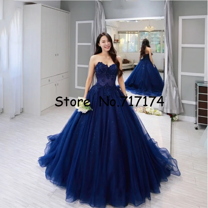 

Vintage blue Lace Sleeveless Ball Gown Prom Dresses Applique Beading Sweetheart Neckline Custom Made Evening Dress