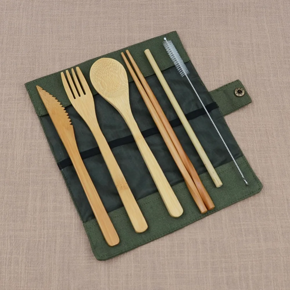 

6Pcs/set Wooden Dinnerware Set Bamboo Fork Knife Soup Teaspoon Cutlery Set With Cloth Bag