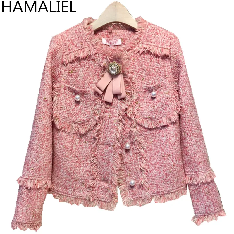 New Luxury Pink Tweed Women Jacket Coat 2018 Runway Winter Long Sleeve Bow Diamonds Tassel