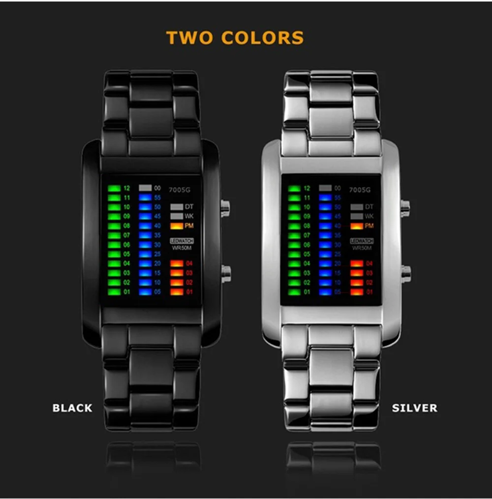 Binary Watch Resistant Watches Men 3ATM Waterproof Alarm Chrono Rectangle Dial Canlender Black Light Tough Structure