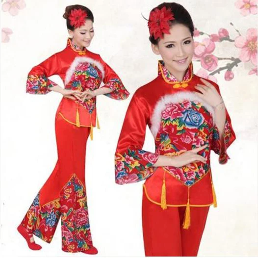 

Women Red Printing Younger Style Costume Fan Drum Dance Clothes Performance Costume Chinese Folk Dance Costume