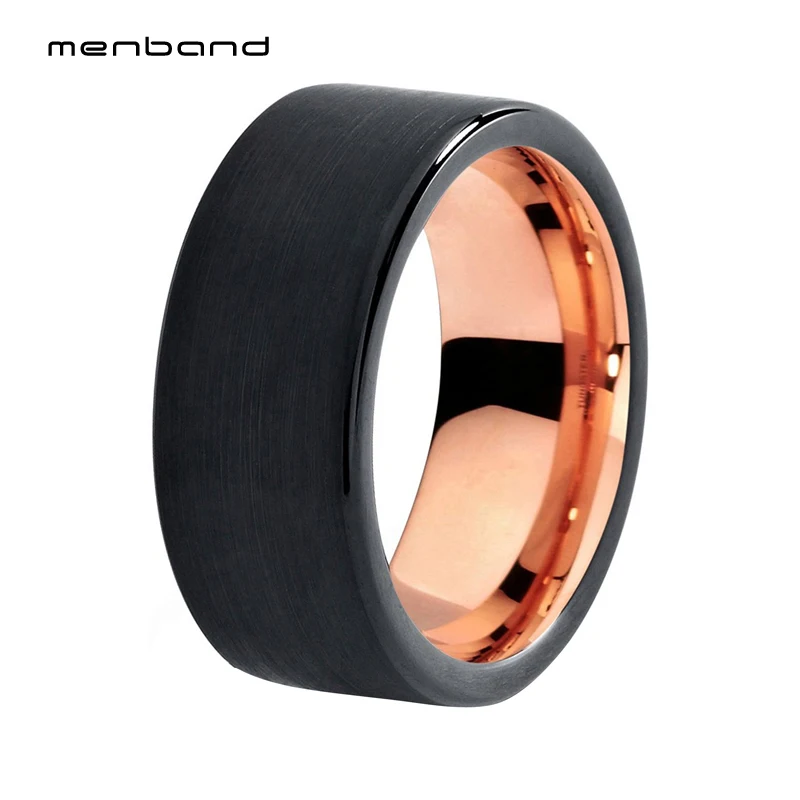 

Mens Rose Gold Wedding Band Black Tungsten Flat Band 8MM Brushed And Comfort Fit