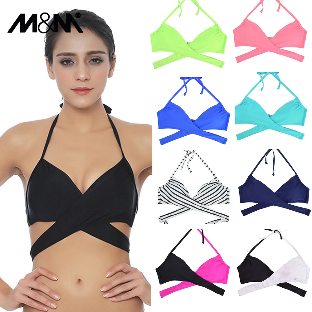 

M&M Women Chest Cross Bikini Top Swimwear Print Push Up Swimsuit Beach Sport Swimming Bra Sexy Halter Girls Solid Biquini T608