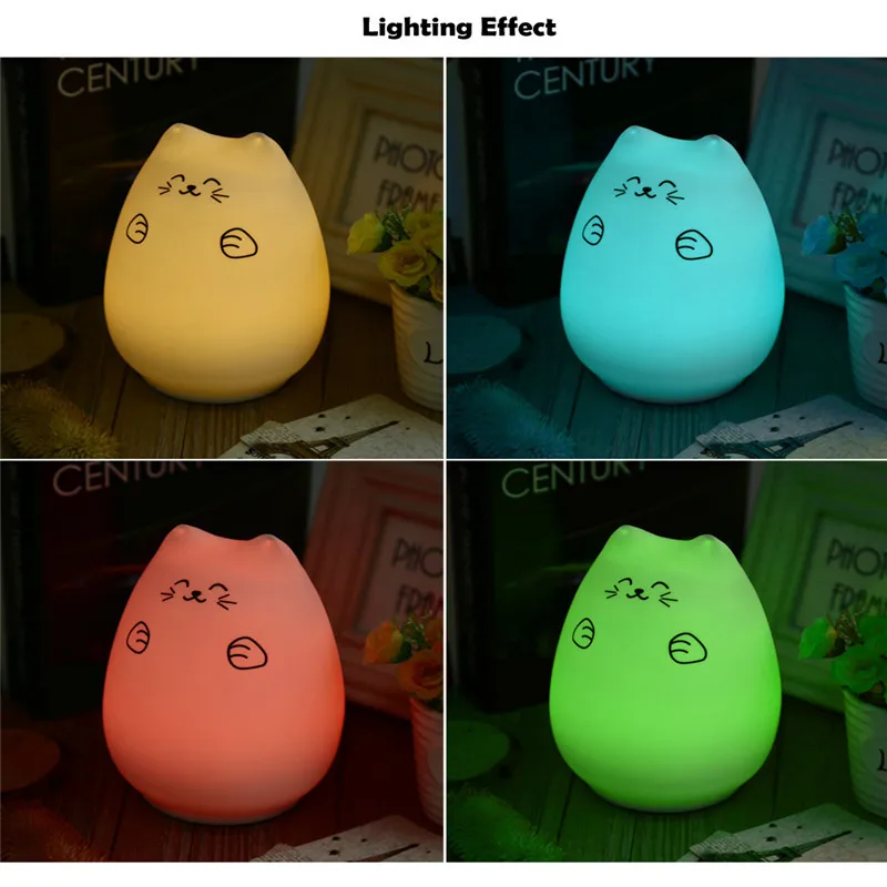 

ON SALE Original LED USB Rechargeable Cute Cat Night Light Colorful Silicone Bedroom Hit Beat Lamp 12 hours color changing mode