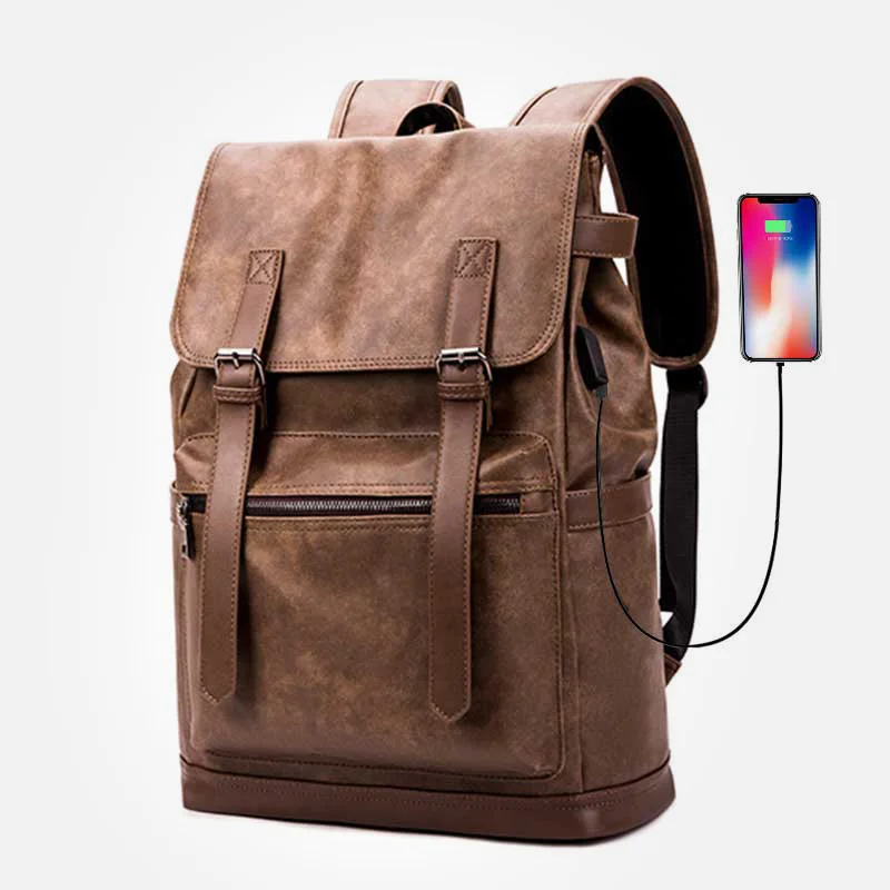 

USB Charge Men's Backpack PU Leather Laptop Bag Preppy Style Brown School Backpacks Waterproof Man Travel Bags Large Backpack