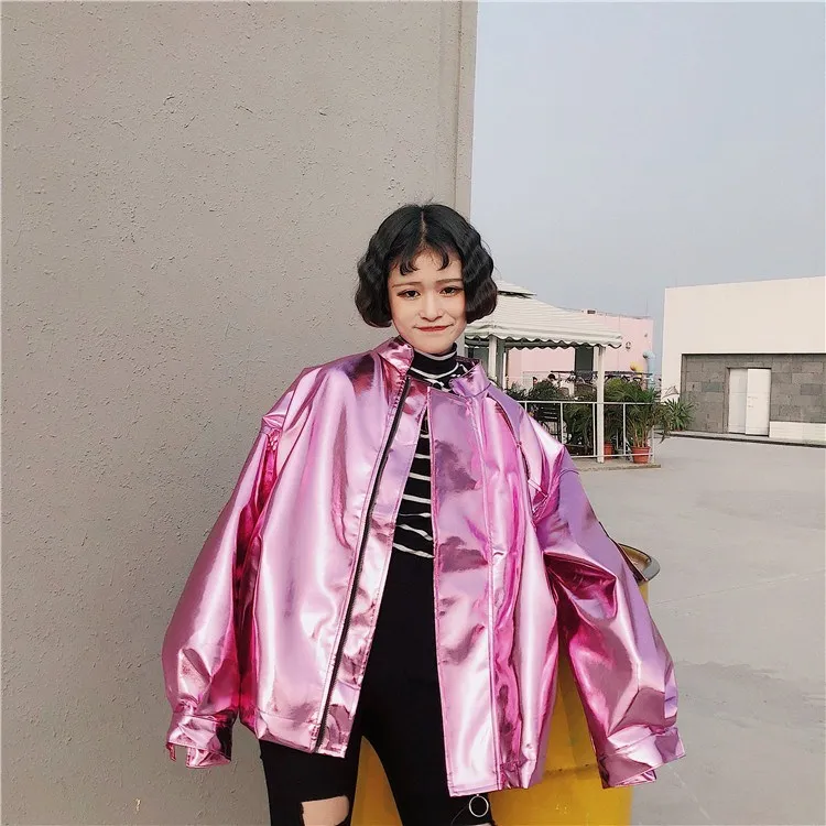 2019 Spring Women Casual Metal Batwing Sleeve Bomber Jacket Pink Silver Hip Hop Punk Loose Coat