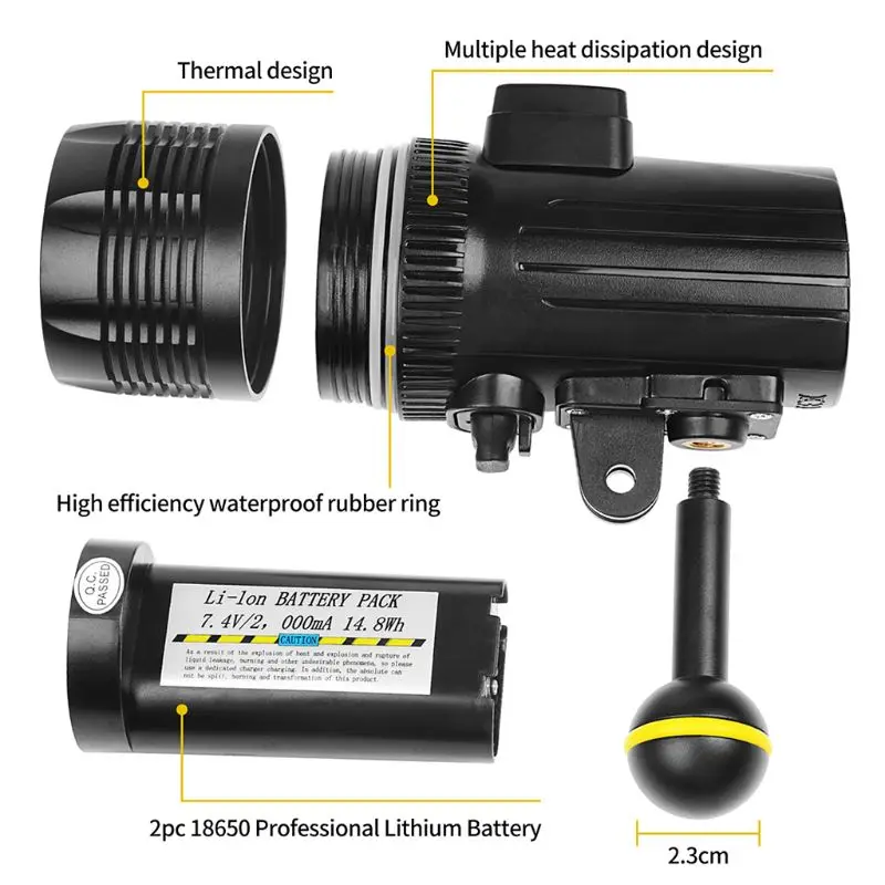 

Car emergency power diving flashlight waterproof LED flashlight 60 meters rechargeable underwater handheld camera shooting